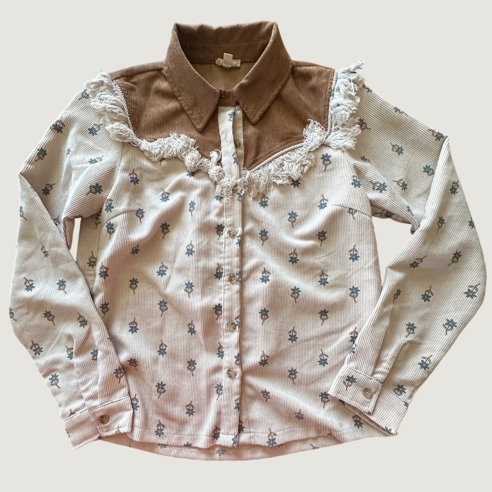 Hem & Thread Floral Corduroy Western Fringe Button Down Shirt Brown Cream Small